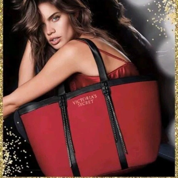 Victoria's Secret Logo Large Red Canvas Studded Tassels Weeken Shoulder Bag Tote